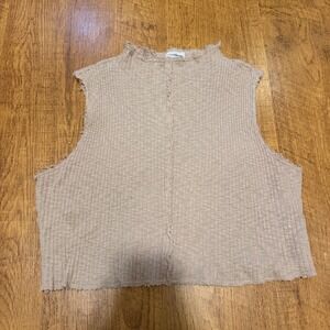 t.la Crop Tank Women M Beige Raw Hem Ribbed Mock Neck Boho Casual Summer Top